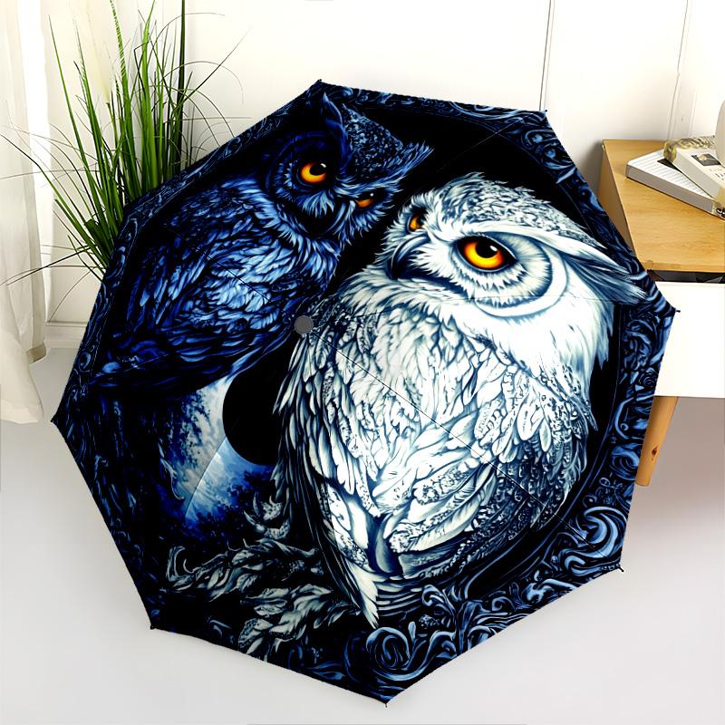Two Owls pattern, automatic folding umbrella, portable and foldable design, 8 ribs, a Christmas or birthday gift.