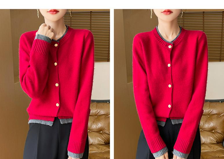 Autumn/Winter Women's Loose Fit 100% Wool Korean Style Color Block Cardigan Sweater