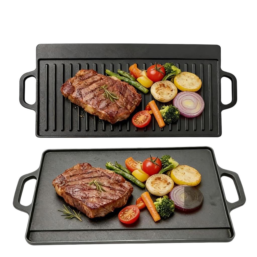Double-Sided Cast Iron Griddle: Home & Outdoor BBQ, Thickened, Non-Coated, Induction Compatible