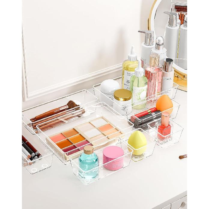 15Pcs Clear Plastic Drawer Organizers Set, 4size Makeup Drawer Organizer Trays for Vanity/desk/bathroom/office/nightstand/gadgets for Kitchen/desk