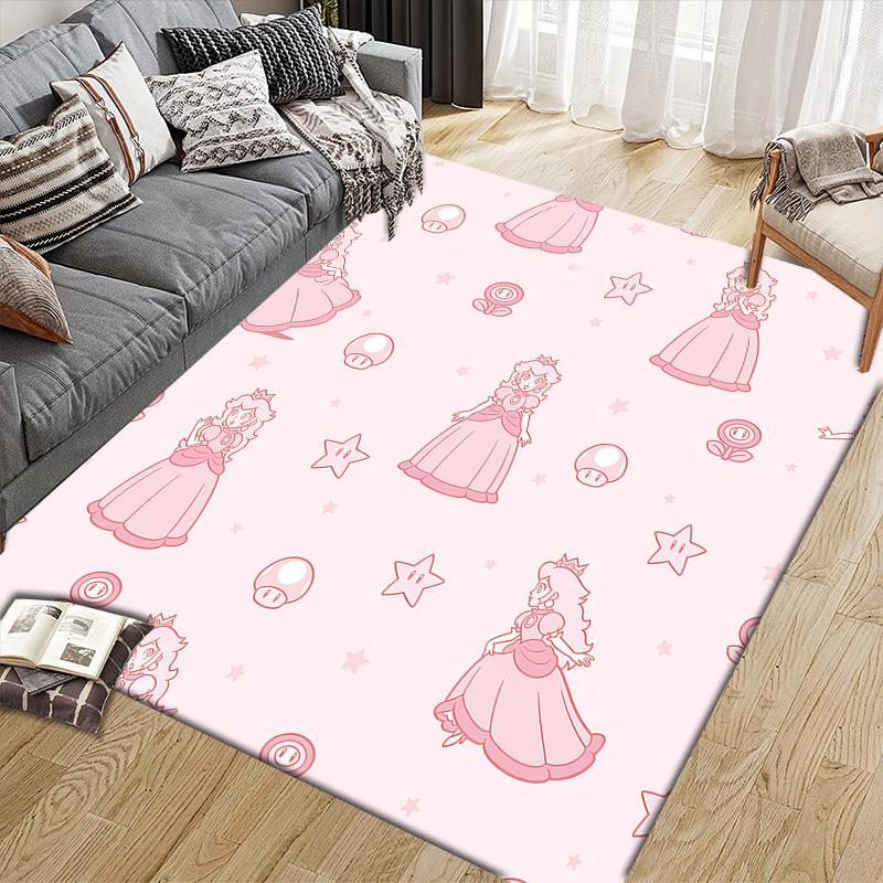 Princess Peach Flannel Pattern Square Carpet,Area Rug,Carpet Rug for Living Room Bedroom Sofa Playroom Decor,Non-slip Floor Mat