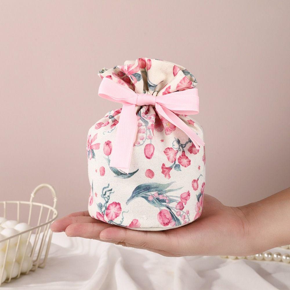 Pearl Handle Canvas Flower Drawstring Bag Ribbon Bow Festive Sugar Bag Bowknot Handbag  Outdoor