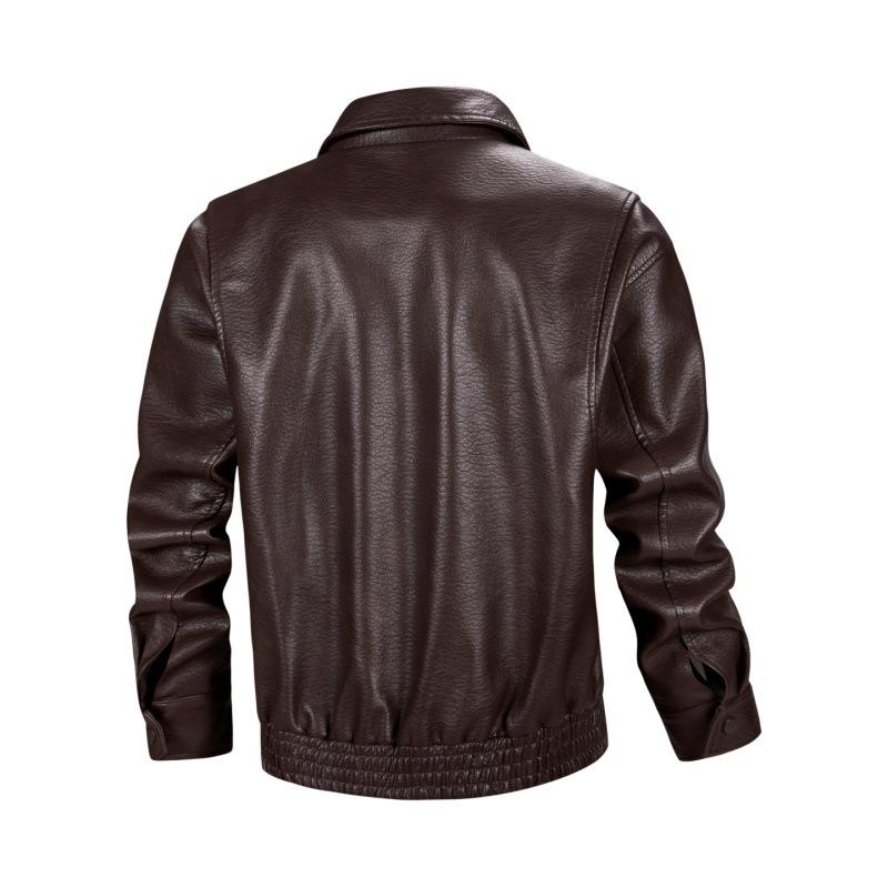 Lapel Leather Jacket for Spring and Autumn Men's Lychee Pattern PU Leather Jacket Retro Workwear Multi-pocket Jacket