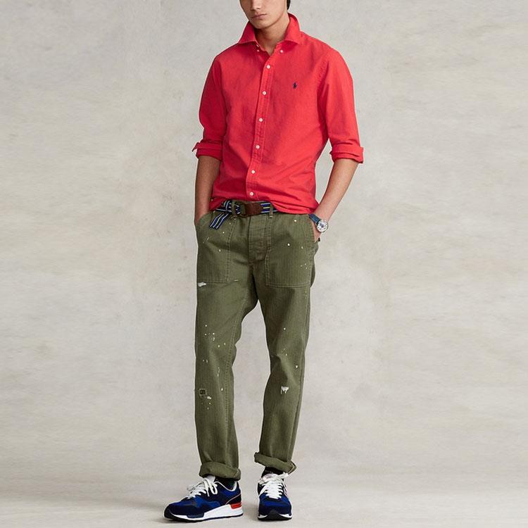 Polo Ralph Lauren Solid Color Polo Collar Long Sleeve Shirt Men shirts Red RL14548-600