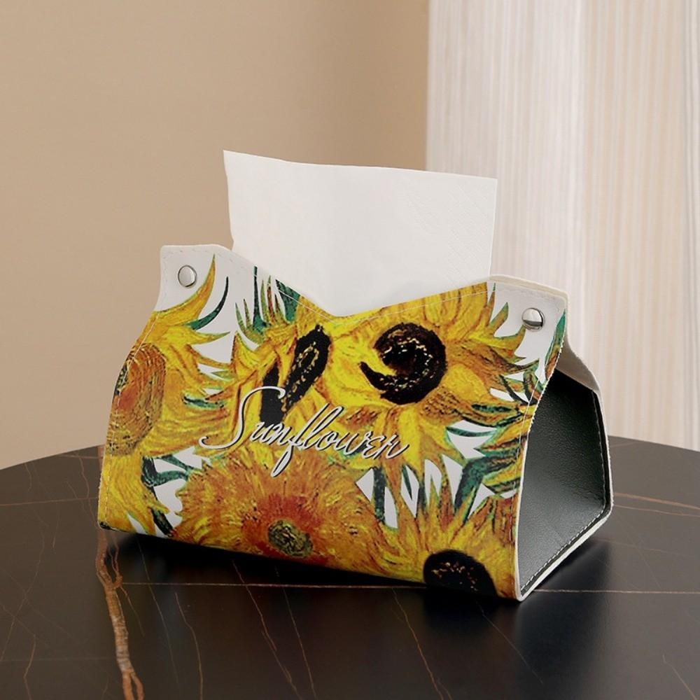 Vintage PU Leather Tissue Box Holder Oil Painting Durable Napkin Container Decorative Car Tissue Box Bathroom