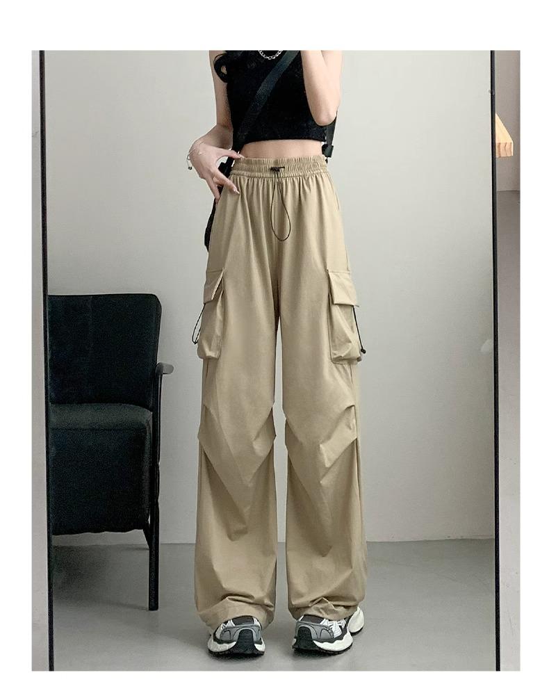 Damskie szare spodnie robocze typu spadochronowego z wysokim stanem dla drobnych - Letni casualowy styl z szerokimi nogawkami