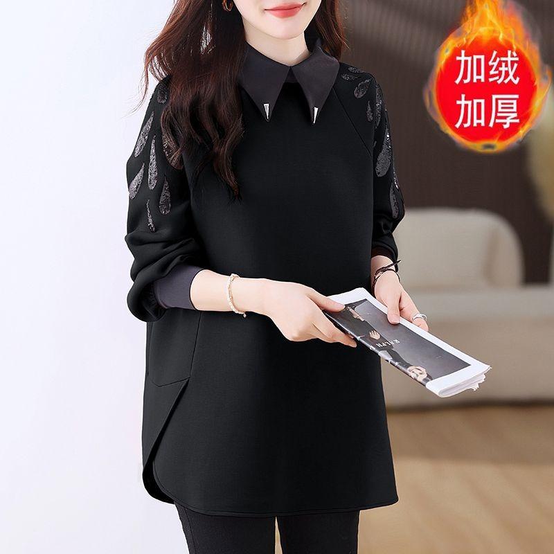 Fashionable Autumn and Winter Loose Mid-Length POLO Collar Sweatshirt Women's Casual Velvet Thickened Printed Pullover