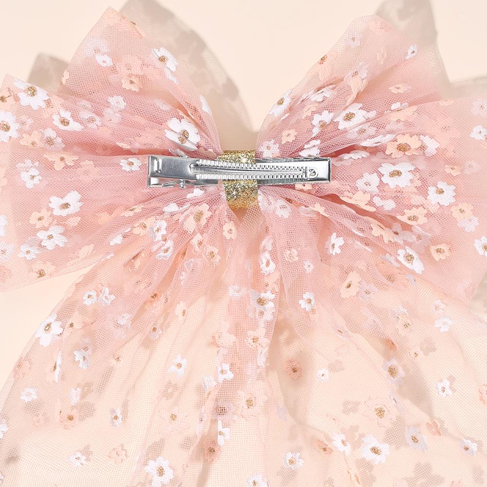 Tulle Large Bow Hair Clip Long Tail Pink Floral Print Elegant Sheer Fabric Hairpin For Women Girl Rustic Accessories Headwear