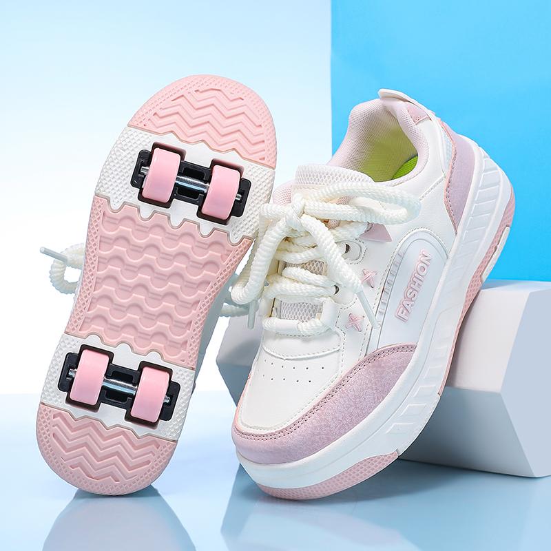 Boy's Rotating Button Four Wheel Skate Kids Shoes with Wheels Girl Skate Shoes