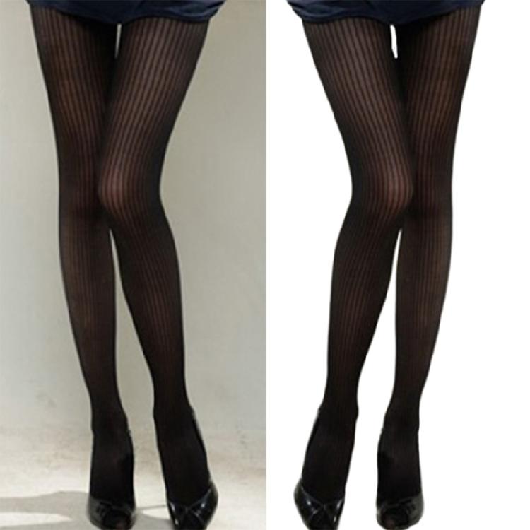 Women Summer Vintage Pattern Pantyhose Vertical Striped Sheer Thin Silky Tights