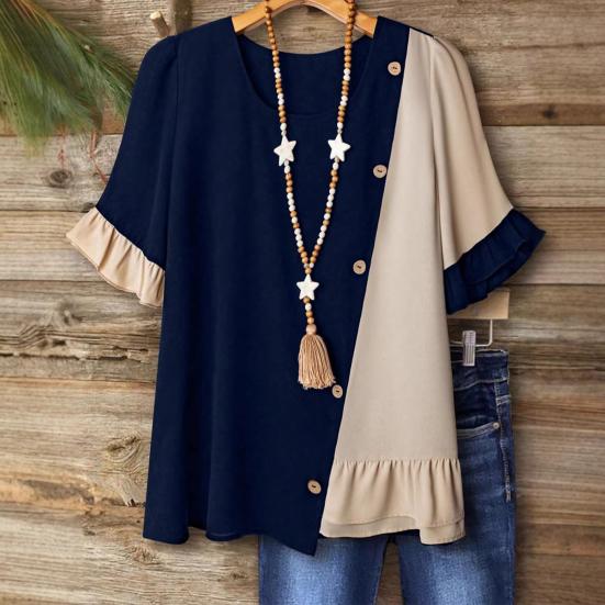 Women Tops Crew Neck Short Sleeve Pullover Tops with Irregular Ruffle Hem Block Design Buttons Decor Loose Fit Versatile Blouse