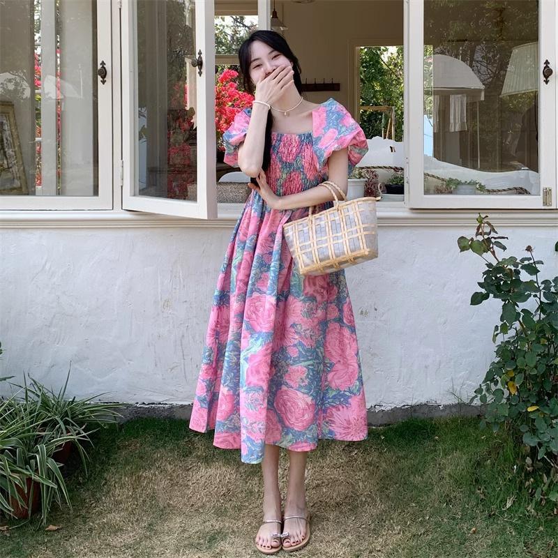 Large size French square collar holiday style skirt dress women's summer new fat MM lantern sleeve floral dress