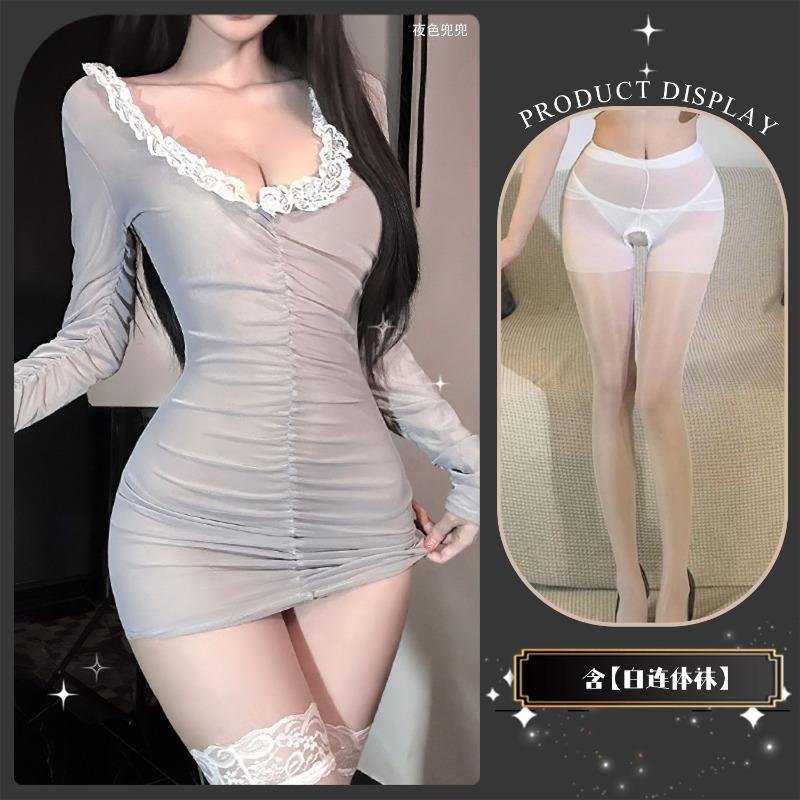 Sexy underwear female sexy deep v perspective lace lace celebrity hip skirt pajama set perspective