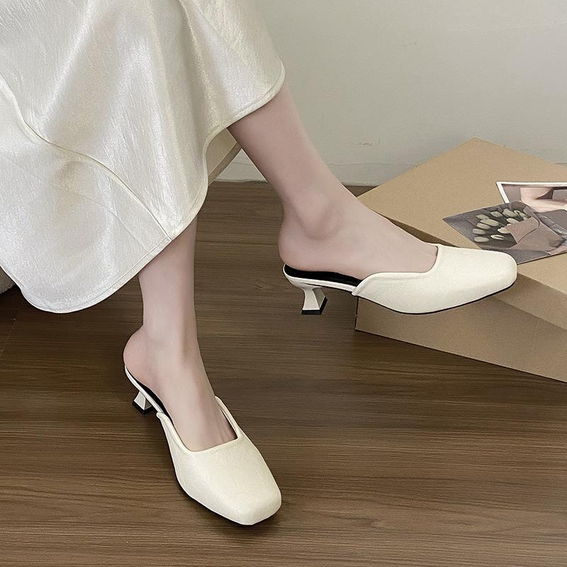 Temperament Baotou Shoes Early Spring High Heel Square Head Half Slippers French Women's Outer Wear 2025 New One-Pedal Muller Shoes