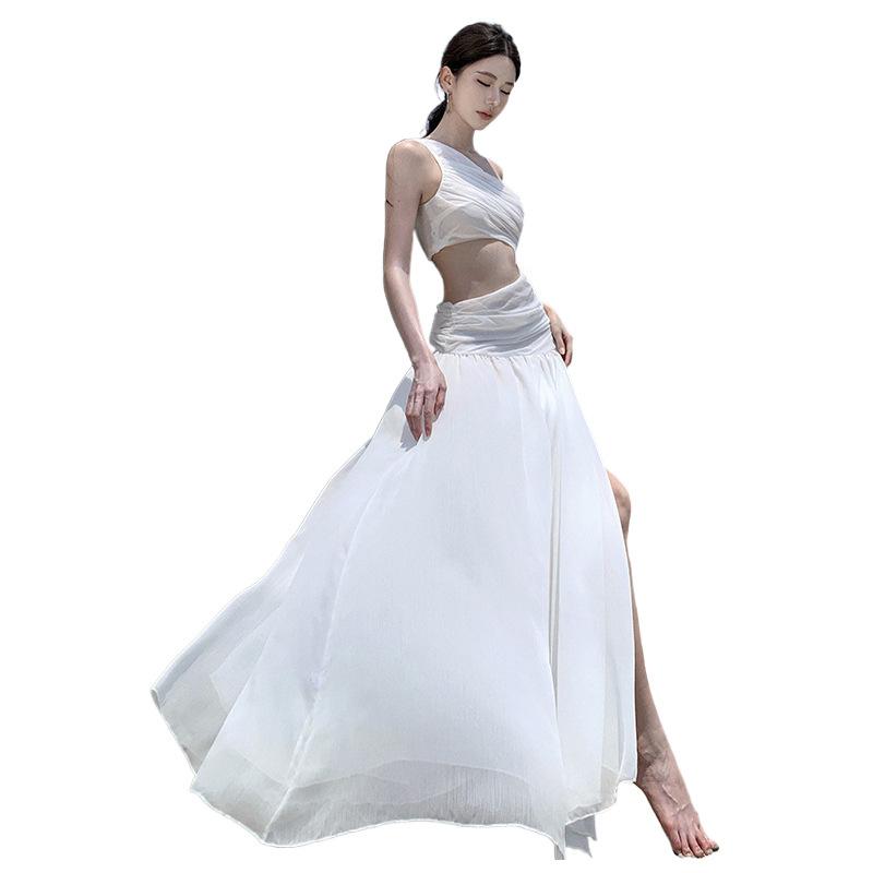 French white hollow slanted shoulder sleeveless dress women's summer high sense seaside vacation temperament slim long skirt