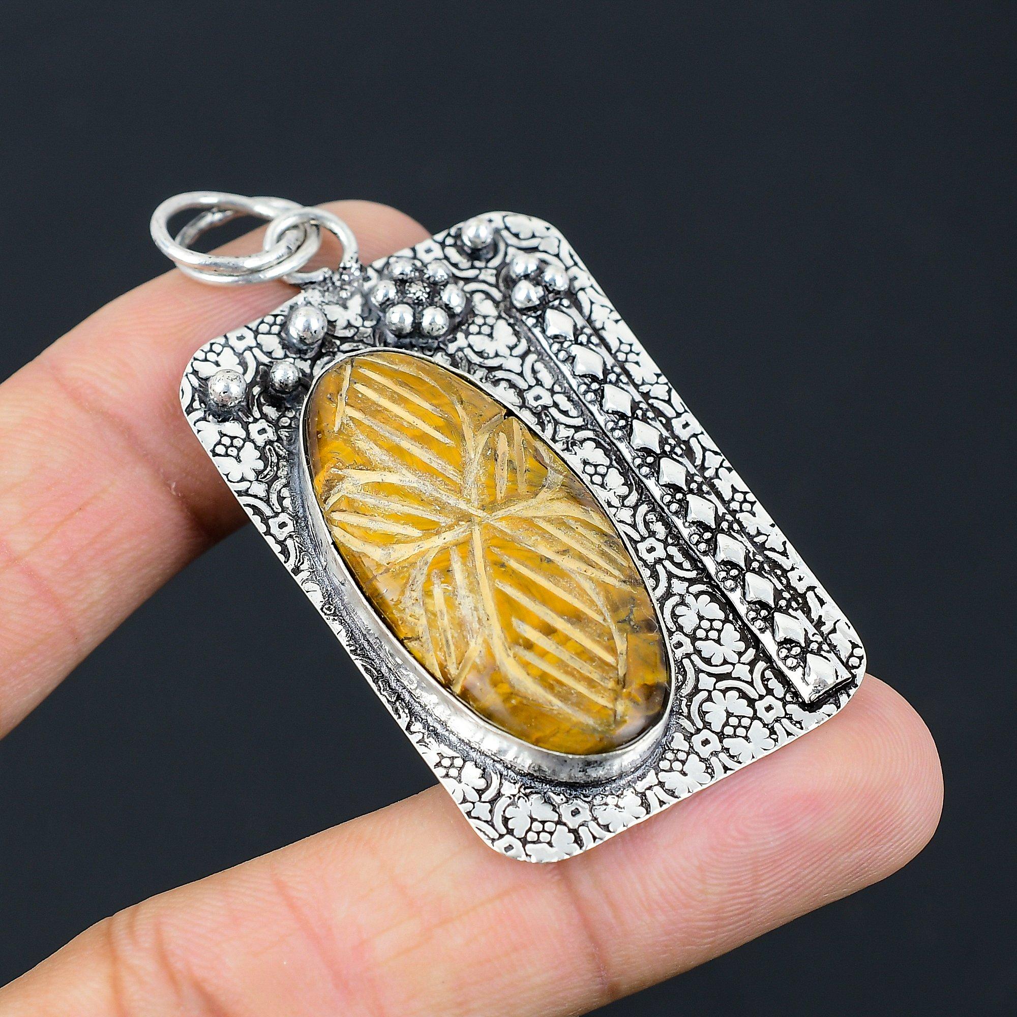 Friendship Day Deal Carved Tiger Eye Gemstone Sterling Silver Artisan Pendant