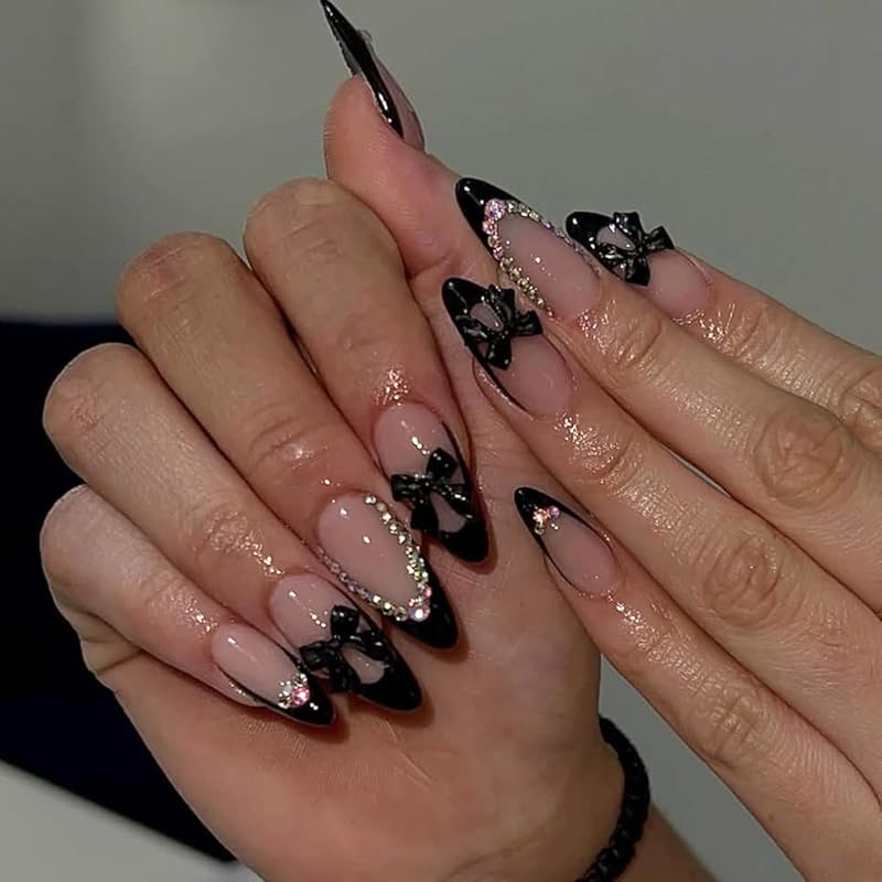 Press On Nails, Bow Butterfly Fake Nails, Cute Stick on nails, Beauty Design for Glue on Nails on 24PCs (Ballt White Love) Almond Black Bow