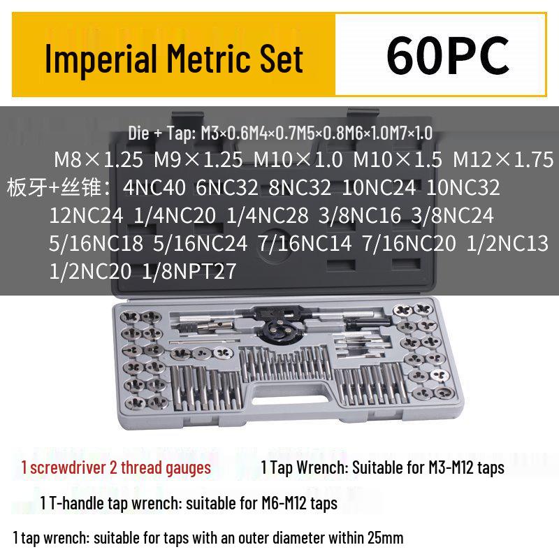 High-Speed Steel Taps & Dies Set: 5, 6, 7, 9-Piece with Tap Wrench and Threading Drill Bits.