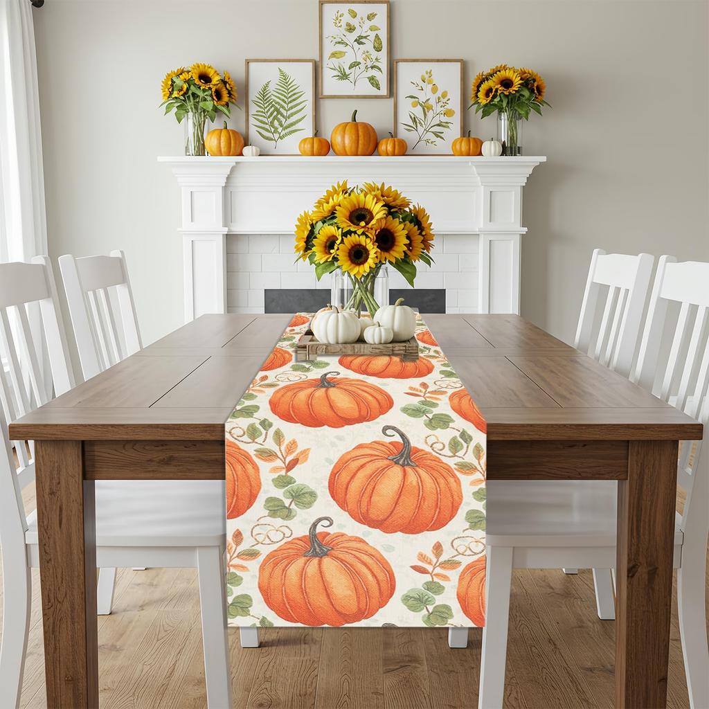 Fall Thanksgiving Table Runner, Pumpkin Autumn Harvest Seasonal Table Runner, Autumn Kitchen Dining Table Decoration for Home Party