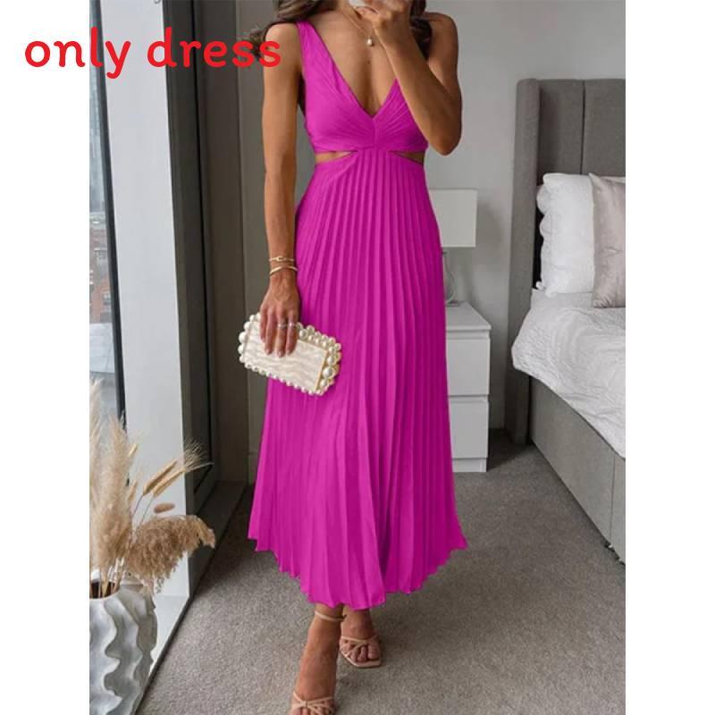 Elegant Summer Sleeveless Vneck Pleated Backless Maxi Dress For Women