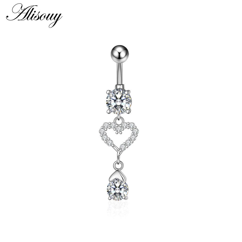 Alisouy 1pc Zircon Sexy Long Belly Ring Star Sun Moon Heart Navel Piercing Surgical Steel Women Belly Button Ring Navel Jewelry