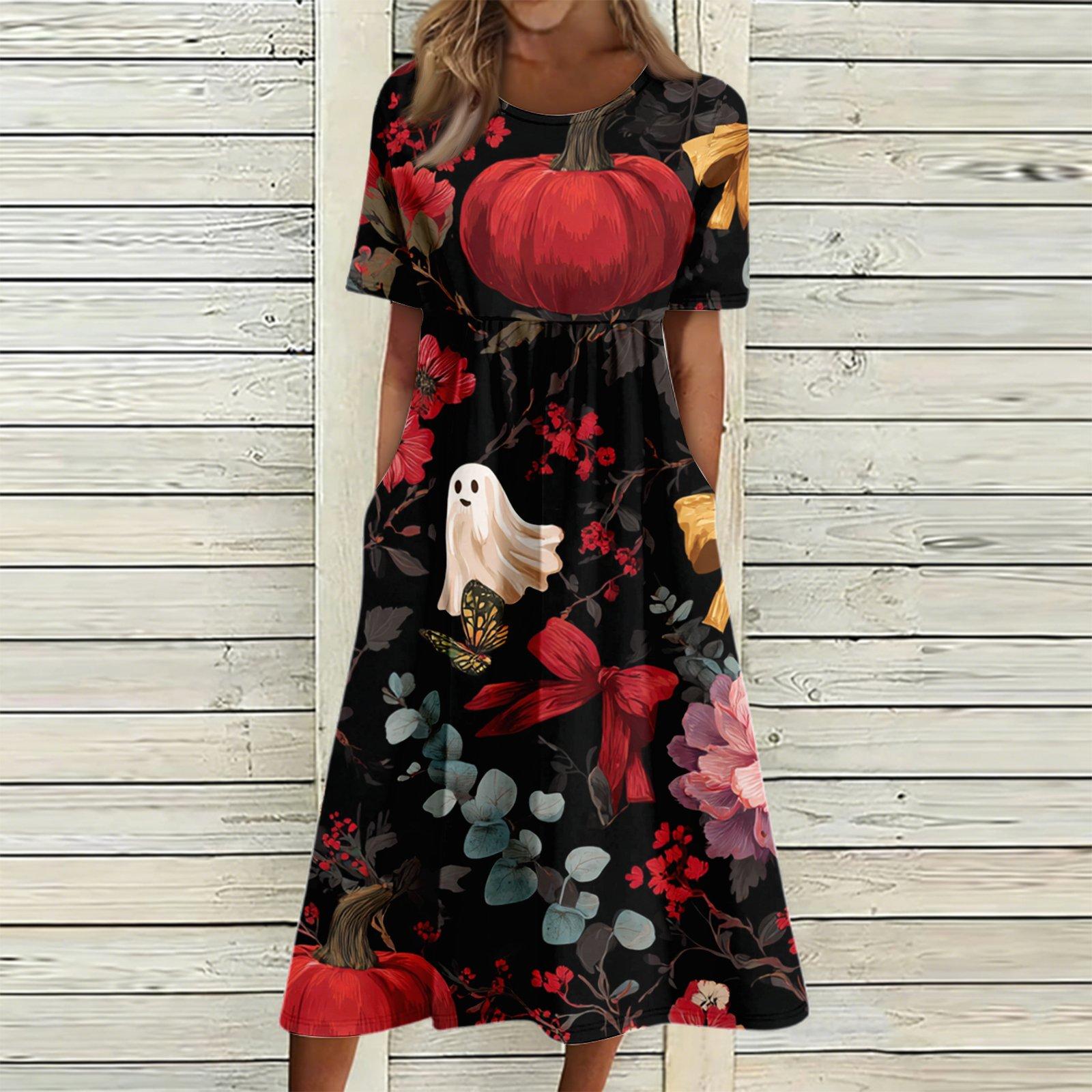 Women s Halloween Printed Casual Dress - Round Neck with Pockets, Relaxed Fit for Women XXXL