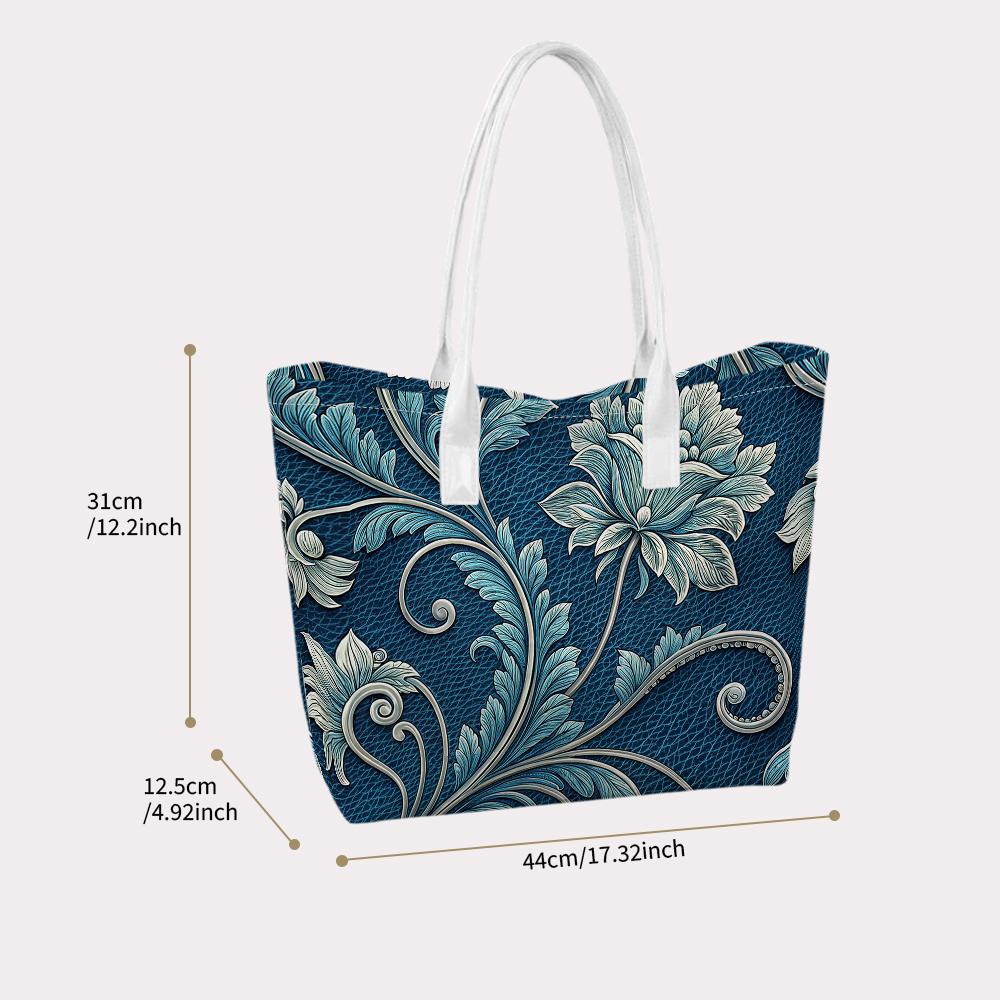 Elegant Blue Floral Tote Bag Fashion Casual Daily Use Lightweight Shoulder Bag for Women Shopping Travel Commute
