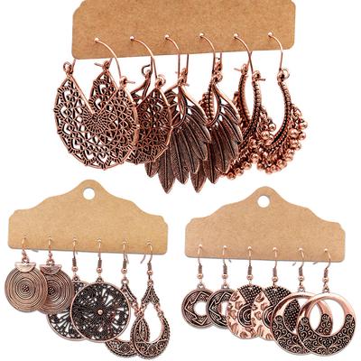 Fashion Bracelet 3Pairs Boho Gypsy Women Feather Round Hollow Dangle Hook Earrings Party Jewelry