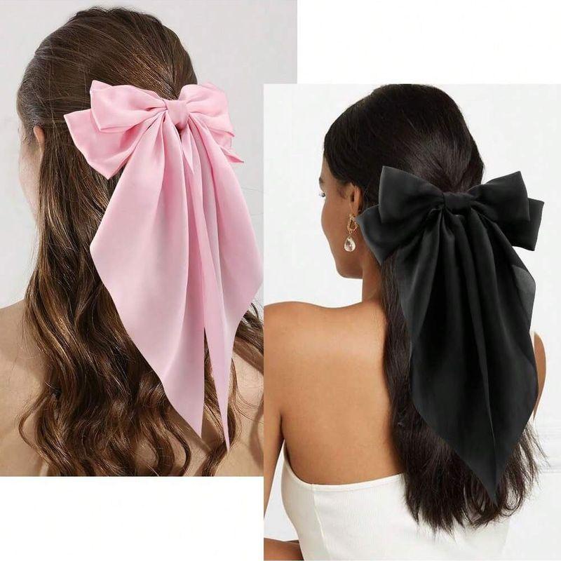 

2 шт. разноцветный шелковистый атласный бант-заколка для волос с длинным хвостом, ретро аксессуар для волос, зажим для густых волос, большой бант