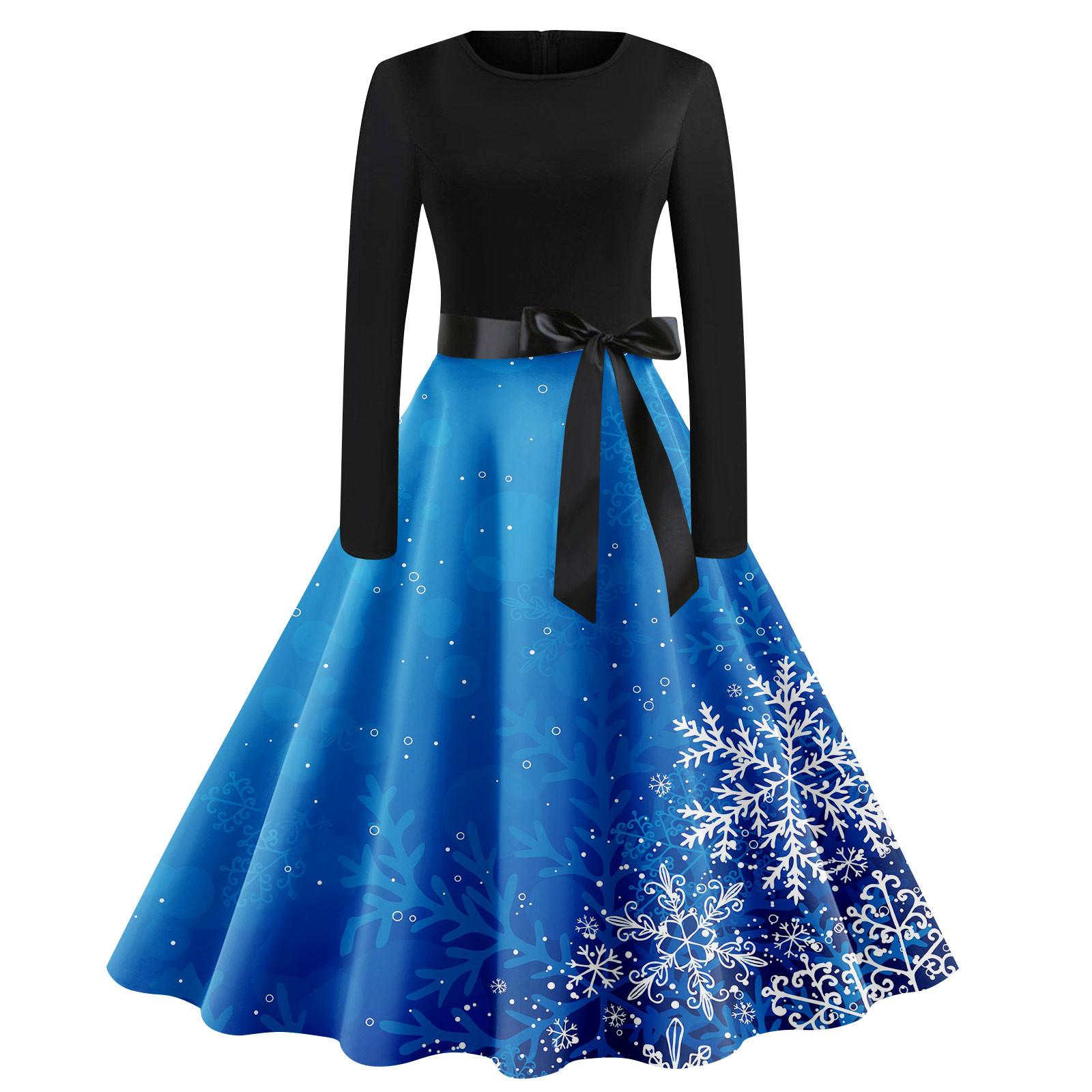 

Женское винтажное классическое платье с воротником на талии и галстуком-бабочкой с длинными рукавами и рождественским принтом, с круглым вырезом, свободное платье XXL