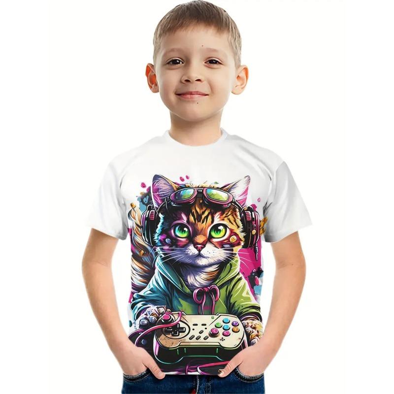 Nuovi Vestiti Cartoni Animati Gatto Estivi 2025 per Bambini, Maglietta Stampata Gatto 3D, Vestiti a Maniche Corte per Bambini, Moda Bambini T-s