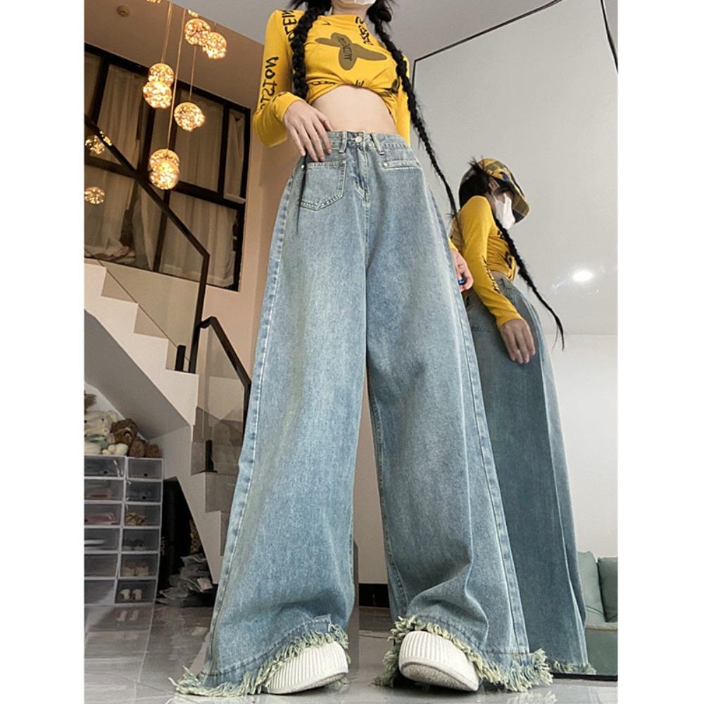 

American retro burrs jeans women s autumn high waist and thin loose design straight wide leg floor pants 2XL светло-синий