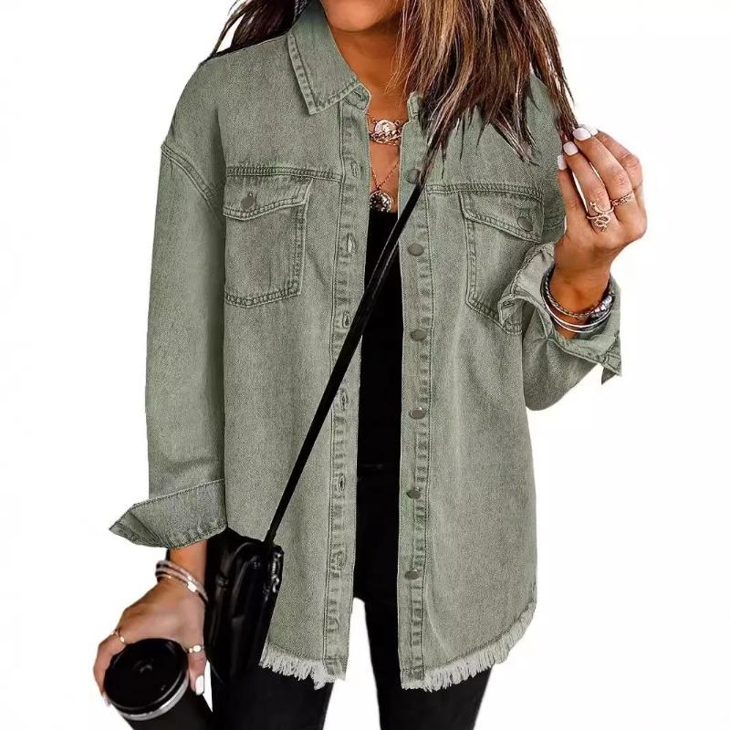 Washed Denim Jacket Women Autumn Tassel Lapel Jeans Female Casual Loose Long Sleeve Single Breasted Outerwear Shirts Coat