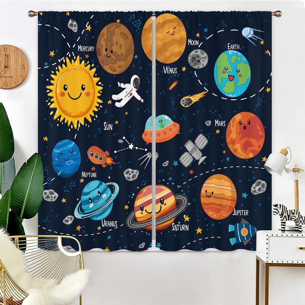 Sonnensystem Universum Fenstergardinen Kinder Jungen Weltall Planet Lernen Studie Wissen Galaxie Polyester Vorhang Hergestellt Aus Mit Stangentasche Waschbar