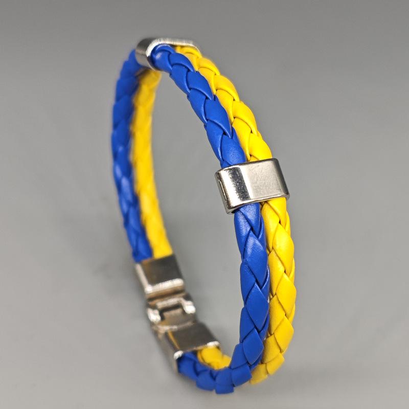 Wielowarstwowa bransoletka ze skóry PU z blokami kolorów niebieskiego i żółtego oraz klamrą z flagą Ukrainy