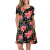 Women Summer Short Sleeve Flower Printed Pockets Sundress Casual Swing Dress