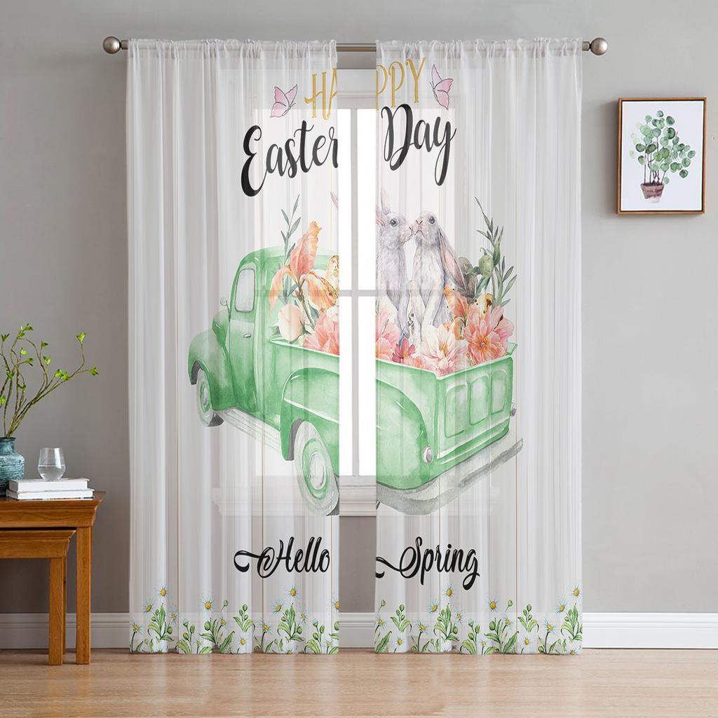 Camion Iepuraș de Paște Flori Margarete Perdele Tulle Pentru Living Bucătărie Perdea Voal Transparent Panouri Fereastră Dormitor