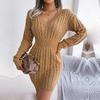 Frauen Herbst Winter Hohe Taille Twist Wrap V-ausschnitt Langarm Einfarbig Hüfte Pullover Kleid SL