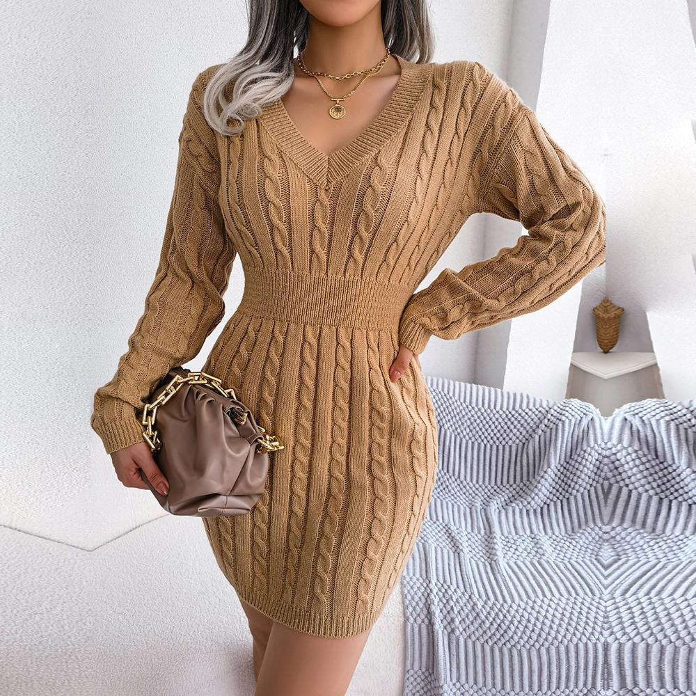 Frauen Herbst Winter Hohe Taille Twist Wrap V-ausschnitt Langarm Einfarbig Hüfte Pullover Kleid SL
