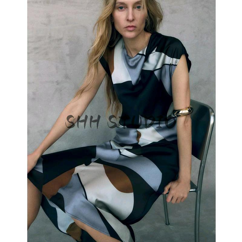 Spring New Women's Clothing Fashion Style round Neck Sleeveless Silk Satin Texture Print Midi Skirt Dress 2479124