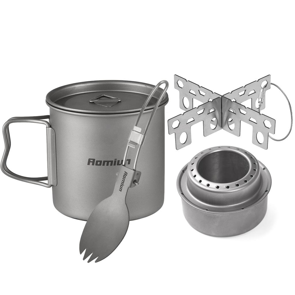 Kempingová sada na vaření Ti 500ml Hrnek Vidlička Lžíce Alkoholový vařič Křížová podpěra Přenosné kempingové sady na vaření pro 1 osobu