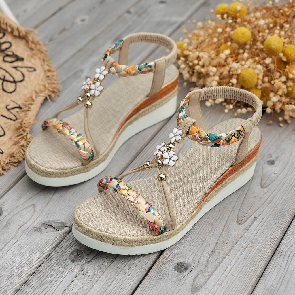 2025 summer new large size bohemian wedge heel sandals women's casual open-toed hollow flower women's sandals