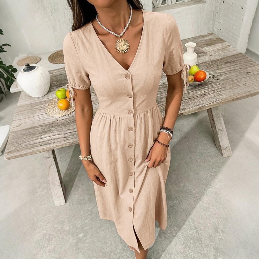 Summer Women's Solid V-neck Short Sleeve Casual Dress European American Style Beach Holiday Vacation Dress