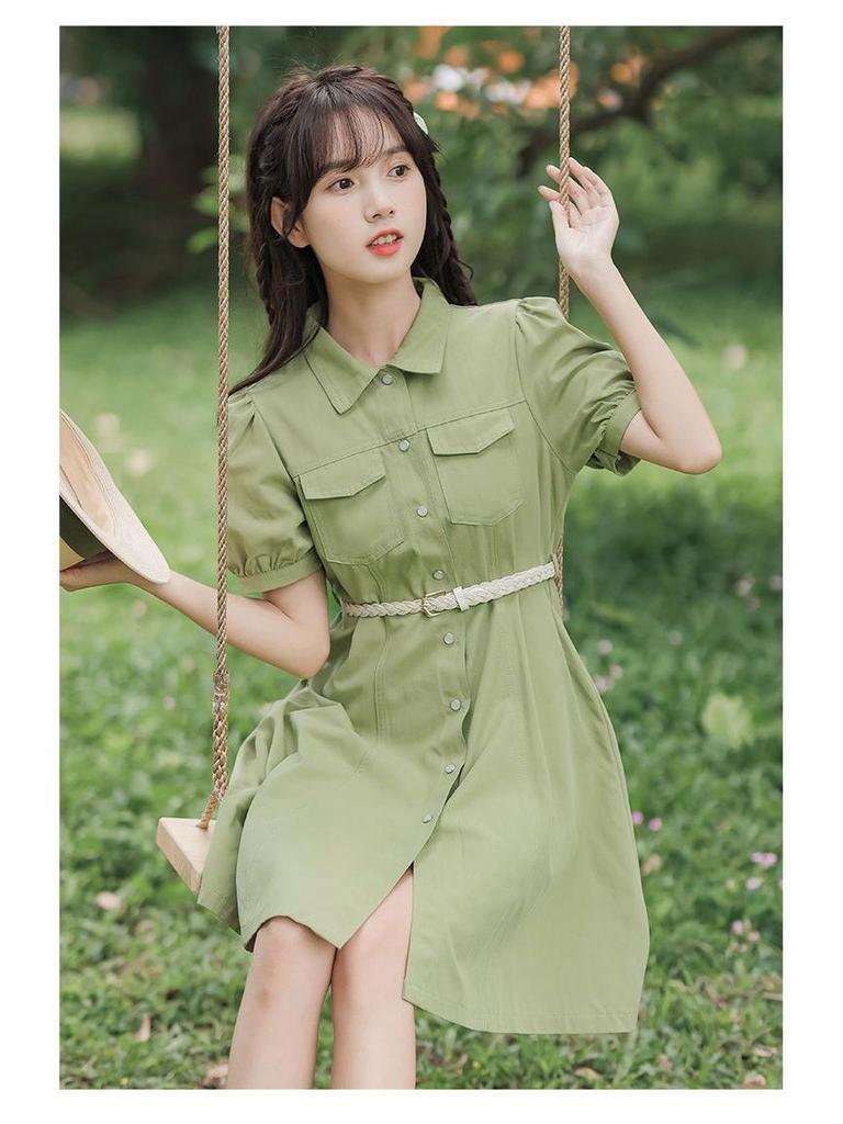 Fresh Short-Sleeved Women's Summer Shirt Dress, Japanese-Inspired Gentle Style with Waist-Cinched Skirt.