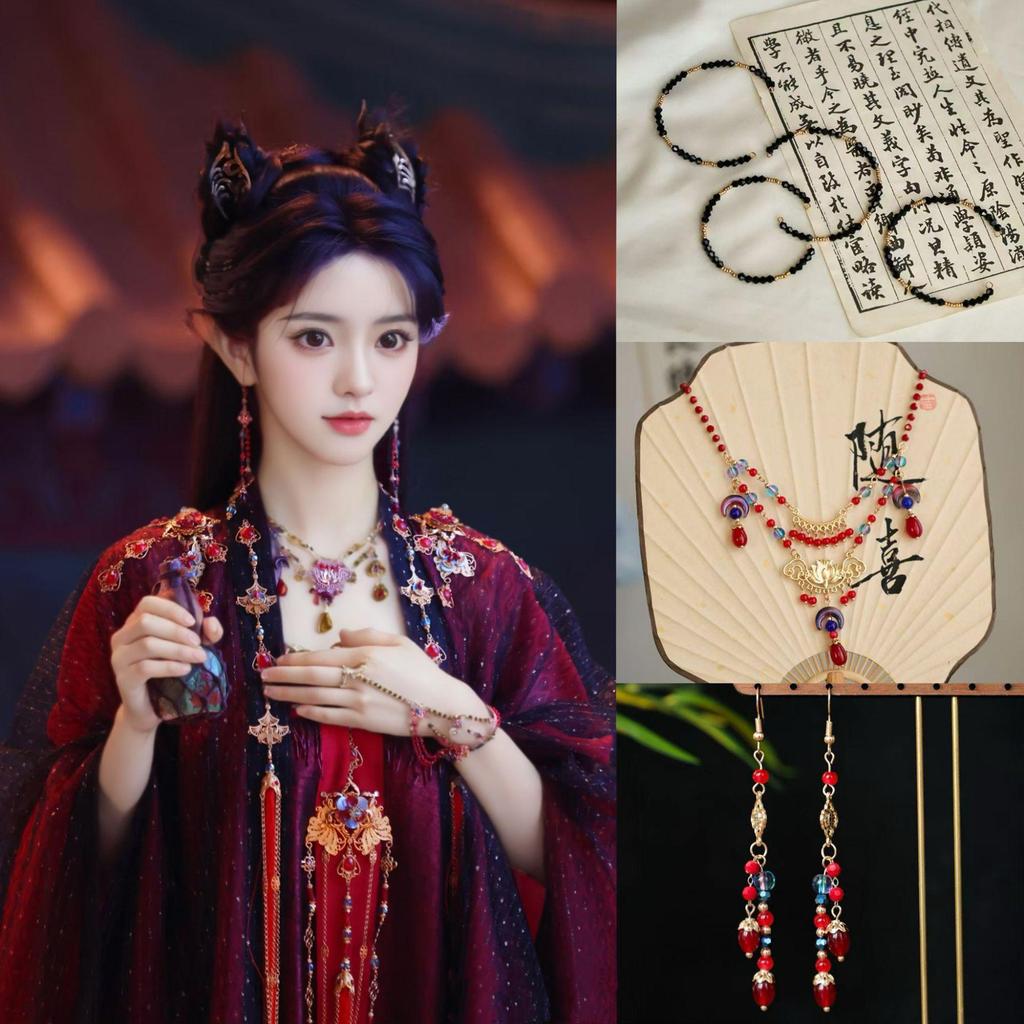 Midnight Return Cat Demon Headdress & Pearl Stick Earring Set: Black & Red Accessories