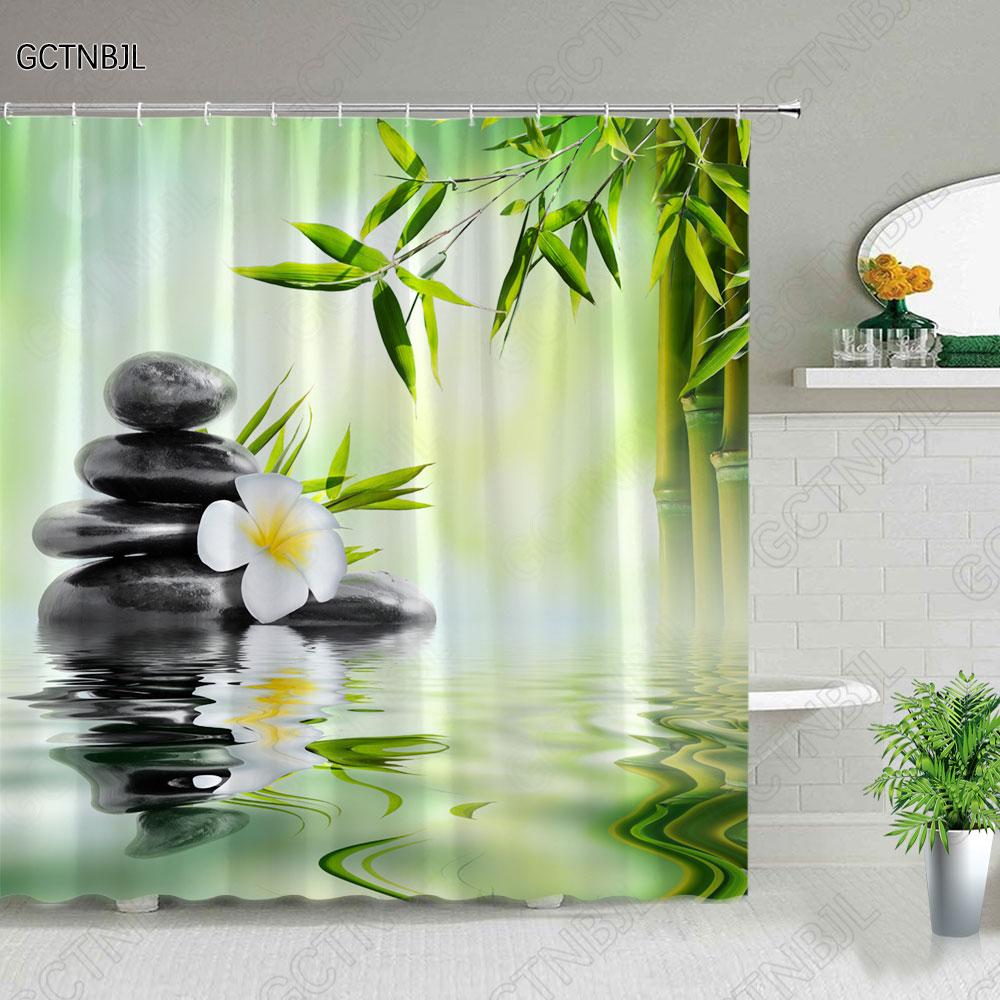 Zen Landscape Shower Curtains Flowers Plant Green Bamboo Black Stone Scenery Bathroom Decor Waterproof Cloth Hanging Curtain Set