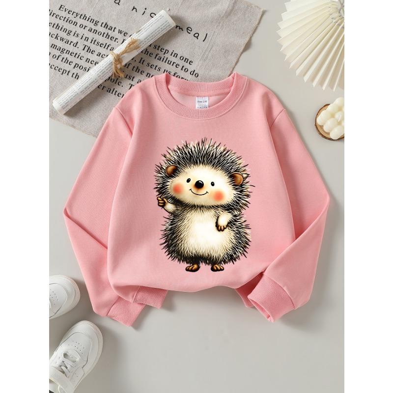 European Sizes Kids Sweatshirts, Girls' Autumn Winter Cute Hedgehog Cartoon Print Long Sleeve Round Neck Sweatshirt, Casual Daily Wear.