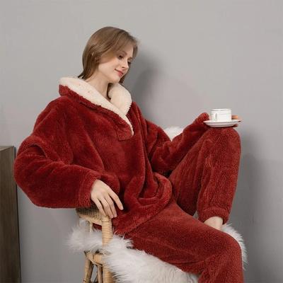 Fleece Pajama Set Women's Solid Long Sleeve Winter Terry Ladies Pijama Suit 2 Pcs with Long Pants Thick Warm Home Clothes Female