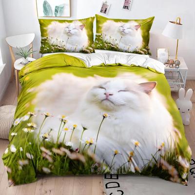 Niedliches 3D Tier Katze Bettwäsche Set Weißer Bettbezug Zuhause Haustier Thema für Kinder Mädchen Frauen Männer Geschenke Schlafzimmer Heimdekoration