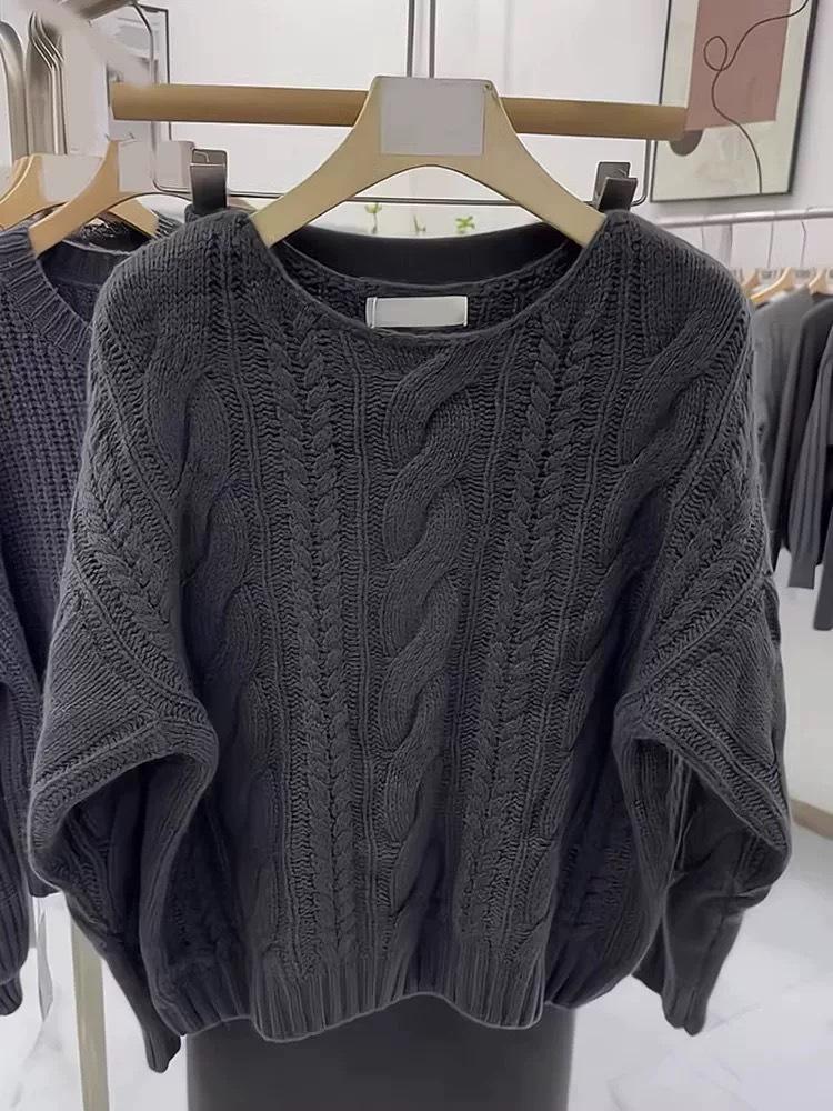 2026 Spring/Summer Korean Style Cable Knit Pullover - Pure Color Round Neck, Long Sleeve Sweater